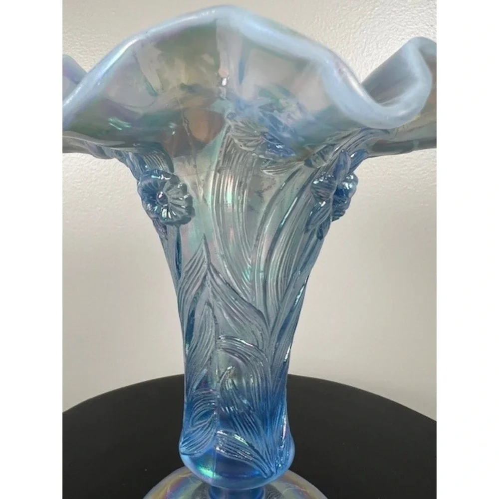 Fenton Ice Blue Iridescent Vase Daffodils Ruffled Edge 7-8